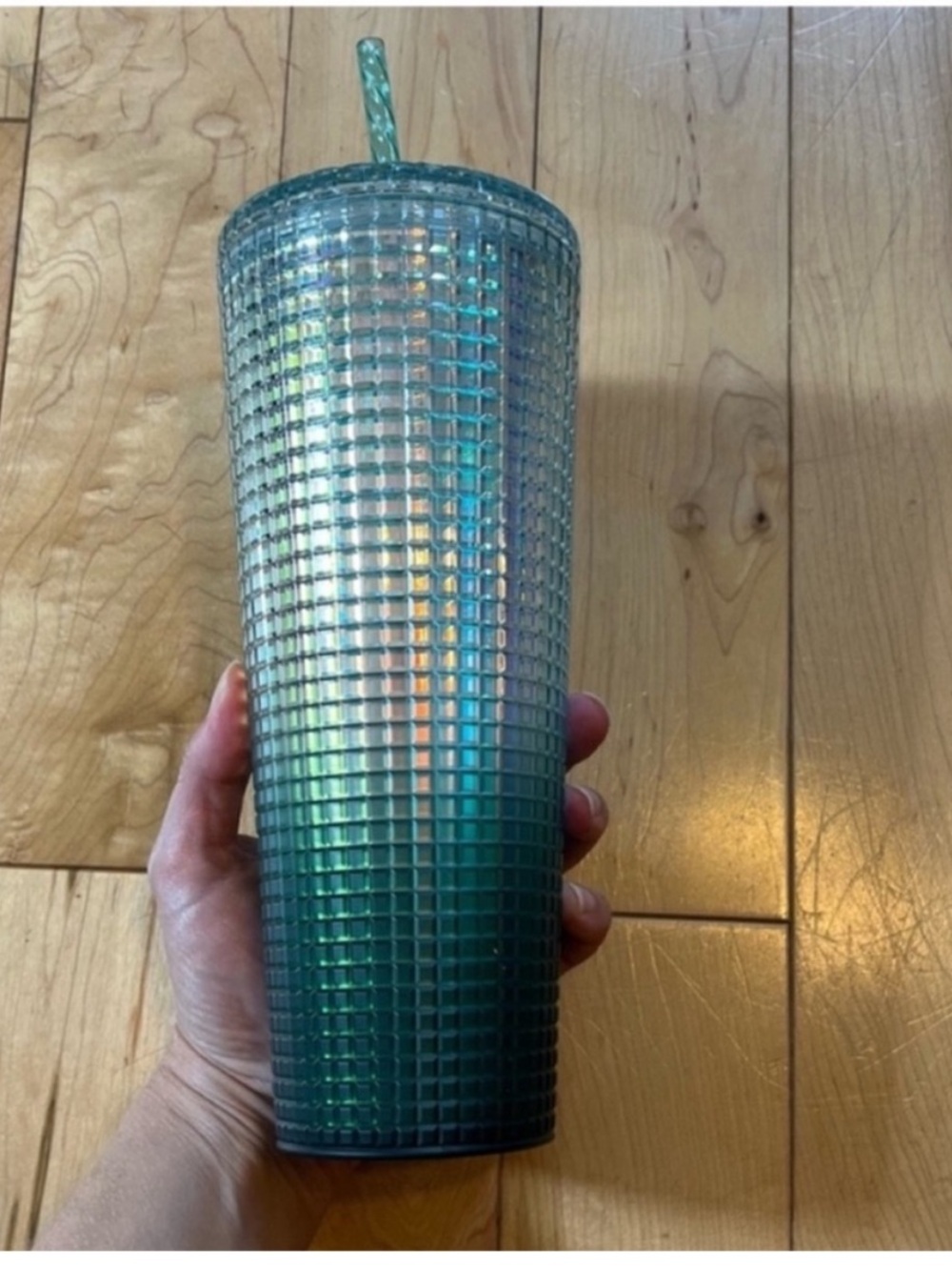 NWT Starbucks Ombre Disco Green Grid Gradient 24 oz Tumbler w lid and Straw - Picture 4 of 5